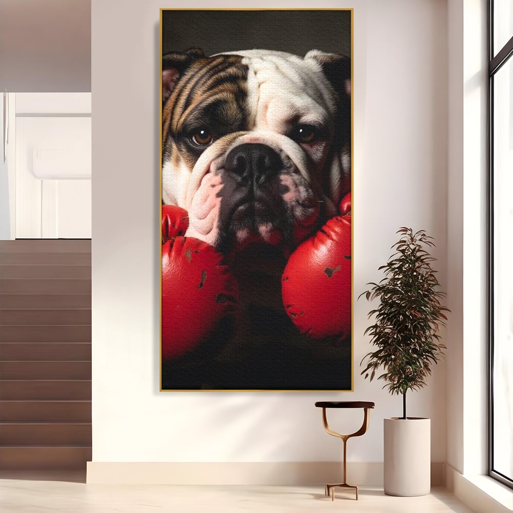 Tablou canvas cu tablou canvas cu bulldog in manusi de box, in rama de aluminiu auriu